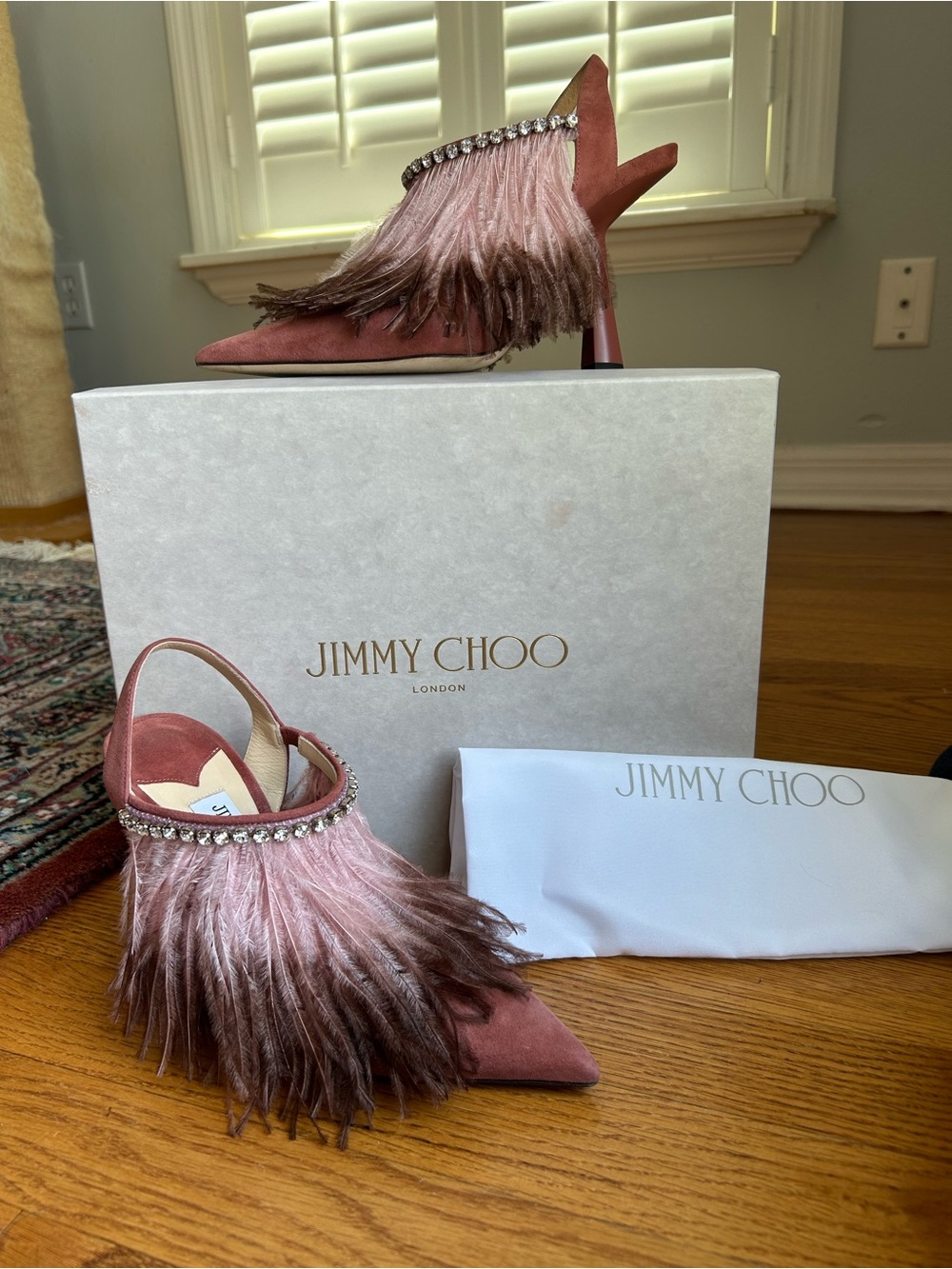 RARE Jimmy Choo Amber 100 ombré Pink Ostrich Feather Embellished Slingback Pump